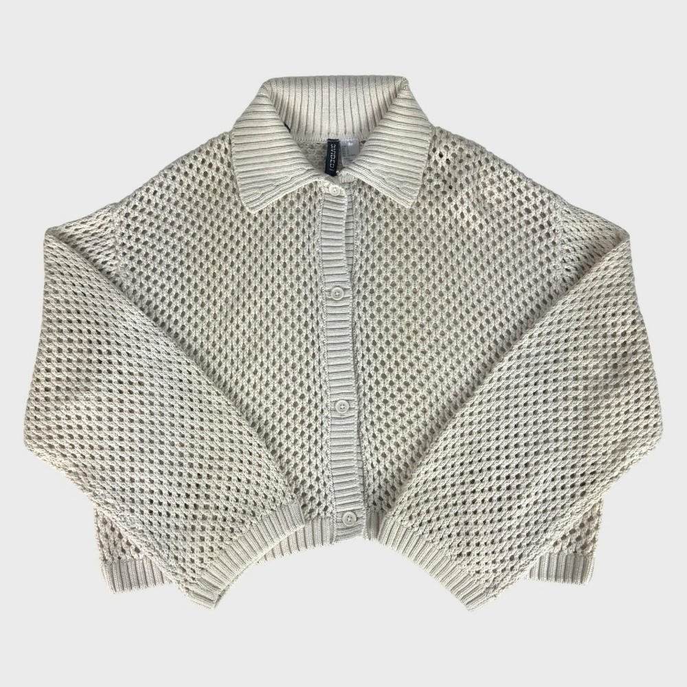 H&M Beige Open-Knit Button-Down Cardigan with Ribbed Collar - Picture 4 of 10